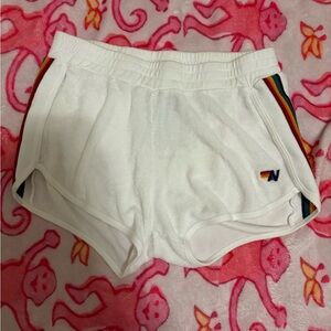 White Aviator Nation Women's Shorts with Rainbow Trim